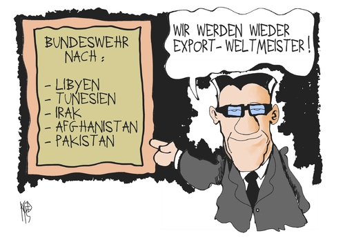 Cartoon: Bundeswehrreform (medium) by Kostas Koufogiorgos tagged bundeswehr,reform,einsatz,ausland,export,weltmeister,verteidigung,minister,bundestag,afghanistan,libyen,tunesien,soldat,krieg,nato,isaf