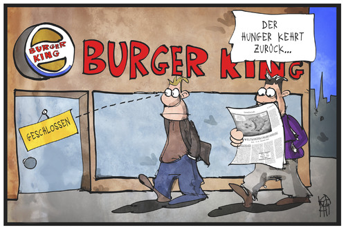 Cartoon: Burger King ernährt (medium) by Kostas Koufogiorgos tagged karikatur,koufogiorgos,illustration,cartoon,welternährungskonferenz,hunger,burger,king,schliessung,filiale,restaurant,essen,nahrung,lebensmittel,karikatur,koufogiorgos,illustration,cartoon,welternährungskonferenz,hunger,burger,king,schliessung,filiale,restaurant,essen,nahrung,lebensmittel