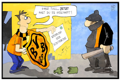 Cartoon: BVB-Strafe (medium) by Kostas Koufogiorgos tagged karikatur,koufogiorgos,illustration,cartoon,bvb,borussia,dortmund,hooligan,sperre,sportgericht,dfb,strafe,fan,wappen,sport,fussball,gewalt,südtribüne,karikatur,koufogiorgos,illustration,cartoon,bvb,borussia,dortmund,hooligan,sperre,sportgericht,dfb,strafe,fan,wappen,sport,fussball,gewalt,südtribüne