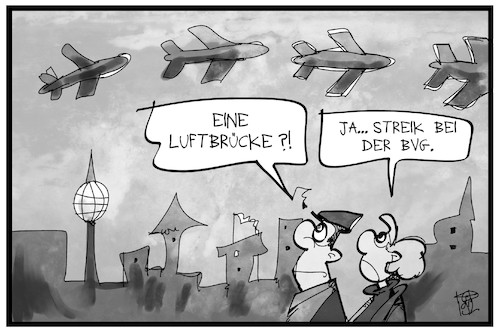 Cartoon: BVG-Streik (medium) by Kostas Koufogiorgos tagged karikatur,koufogiorgos,illustration,cartoon,bvg,verkehrsbetriebe,berlin,luftbrücke,flugzeug,verkehr,streik,arbeitskampf,karikatur,koufogiorgos,illustration,cartoon,bvg,verkehrsbetriebe,berlin,luftbrücke,flugzeug,verkehr,streik,arbeitskampf