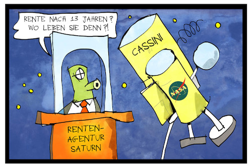 Cartoon: Cassini (medium) by Kostas Koufogiorgos tagged karikatur,koufogiorgos,illustration,cartoon,cassini,raumsonde,weltraum,rente,saturn,nasa,wissenschaft,karikatur,koufogiorgos,illustration,cartoon,cassini,raumsonde,weltraum,rente,saturn,nasa,wissenschaft