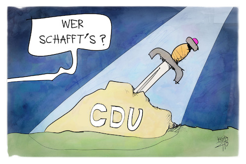 Cartoon: CDU-Excalibur (medium) by Kostas Koufogiorgos tagged karikatur,koufogiorgos,illustration,cartoon,cdu,excalibur,partei,schwert,stein,vorsitz,karikatur,koufogiorgos,illustration,cartoon,cdu,excalibur,partei,schwert,stein,vorsitz