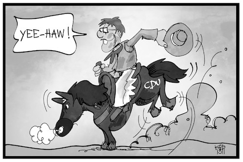 Cartoon: CDU-Rodeo (medium) by Kostas Koufogiorgos tagged karikatur,koufogiorgos,illustration,cartoon,cdu,akk,kramp,karrenbauer,rodeo,reiten,vorsitz,partei,karikatur,koufogiorgos,illustration,cartoon,cdu,akk,kramp,karrenbauer,rodeo,reiten,vorsitz,partei