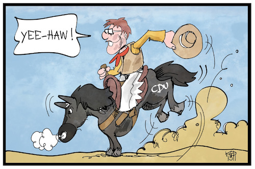 Cartoon: CDU-Rodeo (medium) by Kostas Koufogiorgos tagged karikatur,koufogiorgos,illustration,cartoon,cdu,akk,kramp,karrenbauer,rodeo,reiten,vorsitz,partei,karikatur,koufogiorgos,illustration,cartoon,cdu,akk,kramp,karrenbauer,rodeo,reiten,vorsitz,partei