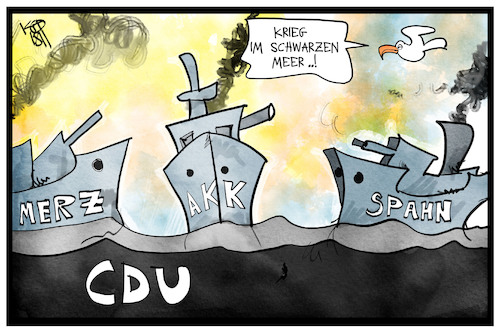 Cartoon: CDU-Vorsitz (medium) by Kostas Koufogiorgos tagged karikatur,koufogiorgos,illustration,cartoon,cdu,merz,akk,spahn,schiff,meer,schwarz,partei,vorsitz,kriegsschiff,karikatur,koufogiorgos,illustration,cartoon,cdu,merz,akk,spahn,schiff,meer,schwarz,partei,vorsitz,kriegsschiff