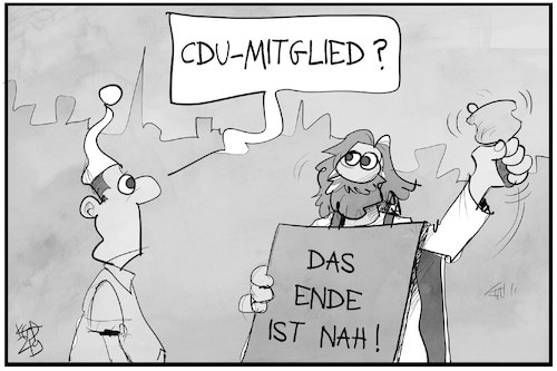 Cartoon: CDU-Wahlkampf (medium) by Kostas Koufogiorgos tagged karikatur,koufogiorgos,illustration,cartoon,cdu,wahlkampf,endzeit,prophet,panik,karikatur,koufogiorgos,illustration,cartoon,cdu,wahlkampf,endzeit,prophet,panik