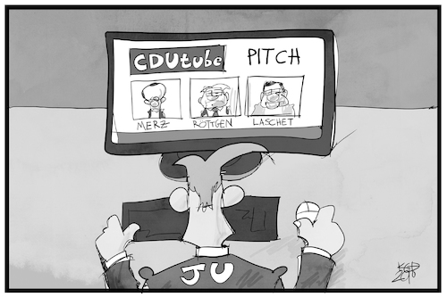 Cartoon: CDUTube (medium) by Kostas Koufogiorgos tagged karikatur,koufogiorgos,illustration,pitch,ju,laschet,merz,röttgen,cdutube,digital,wahl,junge,union,politik,karikatur,koufogiorgos,illustration,pitch,ju,laschet,merz,röttgen,cdutube,digital,wahl,junge,union,politik