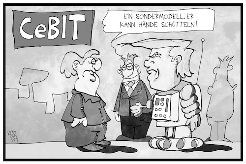 Cartoon: CeBIT (medium) by Kostas Koufogiorgos tagged karikatur,koufogiorgos,illustration,cartoon,cebit,technik,messe,hannover,trump,modell,hände,schütteln,merkel,wirtschaft,karikatur,koufogiorgos,illustration,cartoon,cebit,technik,messe,hannover,trump,modell,hände,schütteln,merkel,wirtschaft