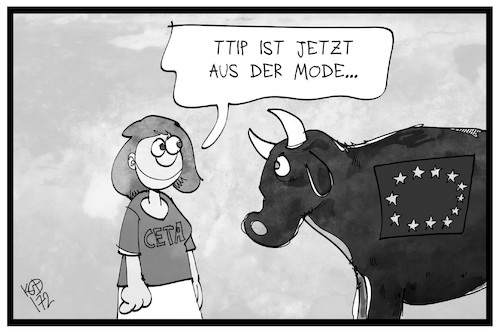 Cartoon: CETA (medium) by Kostas Koufogiorgos tagged karikatur,koufogiorgos,illustration,cartoon,ceta,eu,europa,stier,freihandelsabkommen,kanada,mode,shirt,ttip,karikatur,koufogiorgos,illustration,cartoon,ceta,eu,europa,stier,freihandelsabkommen,kanada,mode,shirt,ttip