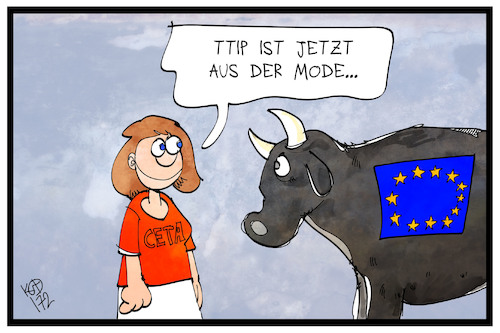 Cartoon: CETA (medium) by Kostas Koufogiorgos tagged karikatur,koufogiorgos,illustration,cartoon,ceta,eu,europa,stier,freihandelsabkommen,kanada,mode,shirt,ttip,karikatur,koufogiorgos,illustration,cartoon,ceta,eu,europa,stier,freihandelsabkommen,kanada,mode,shirt,ttip