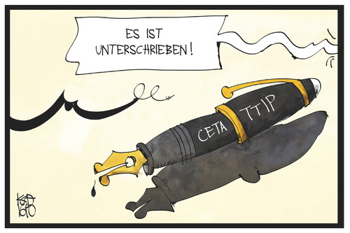 Cartoon: CETA und TTIP (medium) by Kostas Koufogiorgos tagged karikatur,koufogiorgos,illustration,cartoon,ceta,ttip,unterschreiben,unterschrift,füller,kappe,verkappt,kanada,eu,europa,freihandelsabkommen,vertrag,karikatur,koufogiorgos,illustration,cartoon,ceta,ttip,unterschreiben,unterschrift,füller,kappe,verkappt,kanada,eu,europa,freihandelsabkommen,vertrag