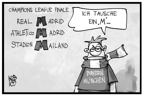 Cartoon: Champions League-Finale (medium) by Kostas Koufogiorgos tagged karikatur,koufogiorgos,illustration,cartoon,champions,league,fussball,finale,madrid,mailand,münchen,bayern,fan,sport,tauschen,karikatur,koufogiorgos,illustration,cartoon,champions,league,fussball,finale,madrid,mailand,münchen,bayern,fan,sport,tauschen