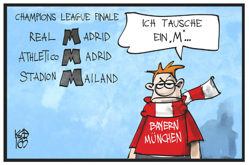 Cartoon: Champions League-Finale (medium) by Kostas Koufogiorgos tagged karikatur,koufogiorgos,illustration,cartoon,champions,league,fussball,finale,madrid,mailand,münchen,bayern,fan,sport,tauschen,karikatur,koufogiorgos,illustration,cartoon,champions,league,fussball,finale,madrid,mailand,münchen,bayern,fan,sport,tauschen