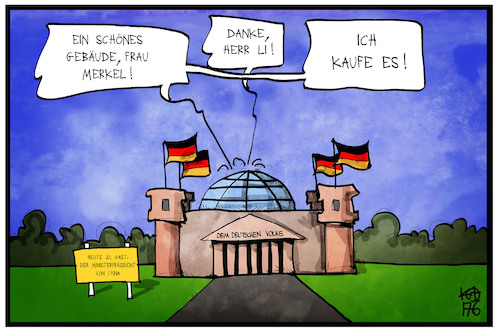 Cartoon: China kauft ein (medium) by Kostas Koufogiorgos tagged karikatur,koufogiorgos,illustration,cartoon,china,reichstag,merkel,li,wirtschaft,berlin,handel,bundestag,karikatur,koufogiorgos,illustration,cartoon,china,reichstag,merkel,li,wirtschaft,berlin,handel,bundestag