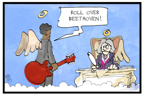 Cartoon: Chuck Berry (medium) by Kostas Koufogiorgos tagged karikatur,koufogiorgos,illustration,chuck,berry,musiker,tod,himmel,paradie,beethoven,engel,kultur,legende,karikatur,koufogiorgos,illustration,chuck,berry,musiker,tod,himmel,paradie,beethoven,engel,kultur,legende