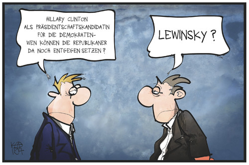 Cartoon: Clinton-Kandidatur (medium) by Kostas Koufogiorgos tagged karikatur,koufogiorgos,illustration,cartoon,hillary,clinton,lewinsky,demokraten,republikaner,usa,kandidatur,präsidentschaft,politik,wahl,karikatur,koufogiorgos,illustration,cartoon,hillary,clinton,lewinsky,demokraten,republikaner,usa,kandidatur,präsidentschaft,politik,wahl