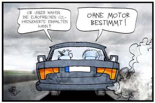 Cartoon: CO2-Grenzwerte (medium) by Kostas Koufogiorgos tagged karikatur,koufogiorgos,illustration,cartoon,co2,abgas,umwelt,umweltschutz,grenzwert,auto,eu,europa,wirtschaft,motor,karikatur,koufogiorgos,illustration,cartoon,co2,abgas,umwelt,umweltschutz,grenzwert,auto,eu,europa,wirtschaft,motor