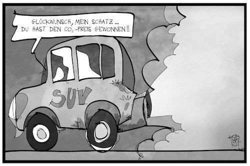 Cartoon: CO2-Steuer (medium) by Kostas Koufogiorgos tagged karikatur,koufogiorgos,illustration,cartoon,c02,steuer,suv,preis,umwelt,kohlendioxid,karikatur,koufogiorgos,illustration,cartoon,c02,steuer,suv,preis,umwelt,kohlendioxid