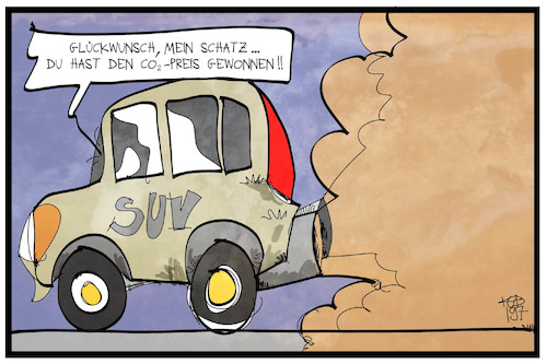 Cartoon: CO2-Steuer (medium) by Kostas Koufogiorgos tagged karikatur,koufogiorgos,illustration,cartoon,c02,steuer,suv,preis,umwelt,kohlendioxid,karikatur,koufogiorgos,illustration,cartoon,c02,steuer,suv,preis,umwelt,kohlendioxid