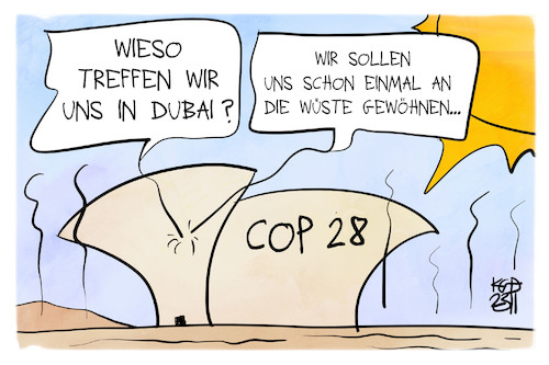 Cartoon: COP 28 in Dubai (medium) by Kostas Koufogiorgos tagged karikatur,koufogiorgos,dubai,klimakonferenz,wüste,cop,28,karikatur,koufogiorgos,dubai,klimakonferenz,wüste,cop,28