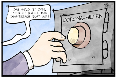 Cartoon: Corona-Hilfen (medium) by Kostas Koufogiorgos tagged karikatur,koufogiorgos,illustration,cartoon,corona,überbrückungshilfe,safe,geld,pandemie,wirtschaft,unternehmen,unterstützung,karikatur,koufogiorgos,illustration,cartoon,corona,überbrückungshilfe,safe,geld,pandemie,wirtschaft,unternehmen,unterstützung