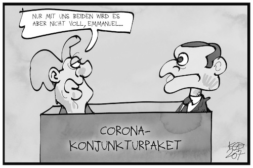 Cartoon: Corona-Konjunkturpaket (medium) by Kostas Koufogiorgos tagged karikatur,koufogiorgos,illustration,cartoon,macron,merkel,konjunkturpaket,corona,deutschland,frankreich,eu,gipfel,karikatur,koufogiorgos,illustration,cartoon,macron,merkel,konjunkturpaket,corona,deutschland,frankreich,eu,gipfel