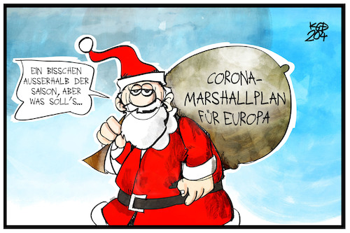 Cartoon: Corona-Marshallplan (medium) by Kostas Koufogiorgos tagged karikatur,koufogiorgos,illustration,cartoon,corona,weihnachstmann,saison,geschenk,marshallplan,europa,eu,karikatur,koufogiorgos,illustration,cartoon,corona,weihnachstmann,saison,geschenk,marshallplan,europa,eu