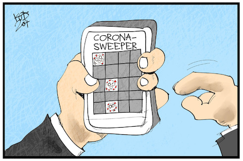 Cartoon: Corona-Sweeper (medium) by Kostas Koufogiorgos tagged karikatur,koufogiorgos,illustration,cartoon,corona,app,handy,digital,sweeper,spiel,prävention,pandemie,gesundheit,virus,karikatur,koufogiorgos,illustration,cartoon,corona,app,handy,digital,sweeper,spiel,prävention,pandemie,gesundheit,virus