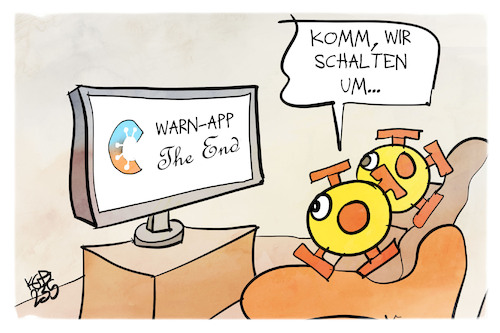 Cartoon: Corona-Warn-App (medium) by Kostas Koufogiorgos tagged karikatur,koufogiorgos,corona,warn,app,ende,film,fernsehen,virus,covid,karikatur,koufogiorgos,corona,warn,app,ende,film,fernsehen,virus,covid