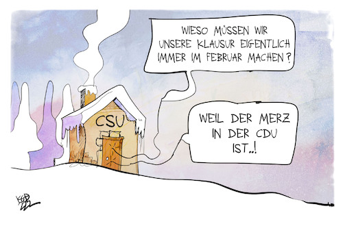 Cartoon: CSU-Klausur im Februar (medium) by Kostas Koufogiorgos tagged karikatur,koufogiorgos,illustration,cartoon,csu,cdu,partei,klausur,merz,karikatur,koufogiorgos,illustration,cartoon,csu,cdu,partei,klausur,merz