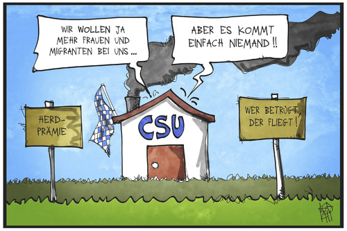 Cartoon: CSU-Parteireform (medium) by Kostas Koufogiorgos tagged karikatur,koufogiorgos,illustration,cartoon,csu,herdprämie,migranten,partei,image,haus,politik,karikatur,koufogiorgos,illustration,cartoon,csu,herdprämie,migranten,partei,image,haus,politik