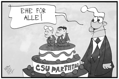 Cartoon: CSU-Parteitag (medium) by Kostas Koufogiorgos tagged karikatur,koufogiorgos,illustration,cartoon,csu,parteitag,partei,seehofer,soeder,ehe,hochzeitstorte,führung,doppelspitze,michel,bayern,karikatur,koufogiorgos,illustration,cartoon,csu,parteitag,partei,seehofer,soeder,ehe,hochzeitstorte,führung,doppelspitze,michel,bayern