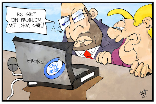 Cartoon: CSU inside (medium) by Kostas Koufogiorgos tagged karikatur,koufogiorgos,illustration,cartoon,computer,chip,csu,merkel,schulz,spd,cdu,sondierung,regierungsbildung,laptop,pc,problem,karikatur,koufogiorgos,illustration,cartoon,computer,chip,csu,merkel,schulz,spd,cdu,sondierung,regierungsbildung,laptop,pc,problem