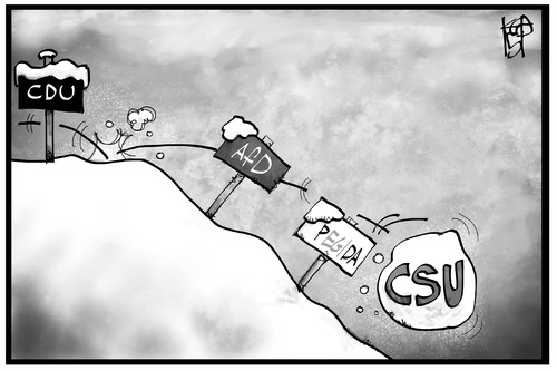 Cartoon: CSU springt nach rechts (medium) by Kostas Koufogiorgos tagged karikatur,koufogiorgos,illustration,cartoon,csu,afd,pegida,bayern,schnee,schneeball,sprung,rechts,berg,bergab,partei,politik,cdu,karikatur,koufogiorgos,illustration,cartoon,csu,afd,pegida,bayern,schnee,schneeball,sprung,rechts,berg,bergab,partei,politik,cdu