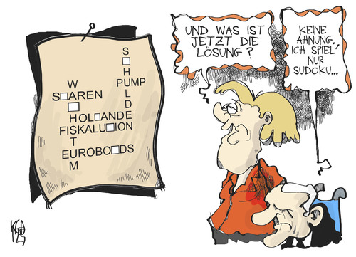 Cartoon: Das Euro-Rätsel (medium) by Kostas Koufogiorgos tagged euro,schulden,krise,rätsel,merkel,schäuble,sudoku,fiskalunion,wachstum,eurobonds,europa,karikatur,kostas,koufogiorgos,euro,schulden,krise,merkel,schäuble,sudoku