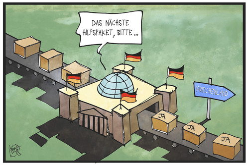 Cartoon: Das nächste Paket (medium) by Kostas Koufogiorgos tagged karikatur,koufogiorgos,illustration,cartoon,griechenland,bundestag,hilfspaket,abstimmung,fliessband,durchwinken,reichstag,politik,karikatur,koufogiorgos,illustration,cartoon,griechenland,bundestag,hilfspaket,abstimmung,fliessband,durchwinken,reichstag,politik