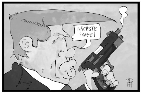 Cartoon: Das Prinzip Trump (medium) by Kostas Koufogiorgos tagged karikatur,koufogiorgos,illustration,cartoon,trump,pressekonferenz,waffe,usa,präsident,gewalt,medien,pistole,karikatur,koufogiorgos,illustration,cartoon,trump,pressekonferenz,waffe,usa,präsident,gewalt,medien,pistole