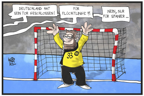 Cartoon: Das Tor ist dicht (medium) by Kostas Koufogiorgos tagged karikatur,koufogiorgos,illustration,cartoon,tor,wolff,handball,em,europameister,grenze,dicht,abwehr,flüchtlinge,sport,spanien,finale,torwart,torhüter,karikatur,koufogiorgos,illustration,cartoon,tor,wolff,handball,em,europameister,grenze,dicht,abwehr,flüchtlinge,sport,spanien,finale,torwart,torhüter