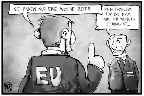 Cartoon: Das Ultimatum (medium) by Kostas Koufogiorgos tagged karikatur,koufogiorgos,illustration,cartoon,eu,europa,putin,russland,krieg,konflikt,ukraine,sanktionen,krim,politik,karikatur,koufogiorgos,illustration,cartoon,eu,europa,putin,russland,krieg,konflikt,ukraine,sanktionen,krim,politik