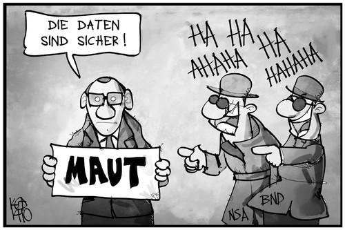 Cartoon: Datensicherheit (medium) by Kostas Koufogiorgos tagged karikatur,koufogiorgos,illustration,cartoon,maut,datenschutz,sicherheit,dobrindt,nsa,bnd,geheimdienst,agent,spionage,verbraucherschutz,politik,karikatur,koufogiorgos,illustration,cartoon,maut,datenschutz,sicherheit,dobrindt,nsa,bnd,geheimdienst,agent,spionage,verbraucherschutz,politik