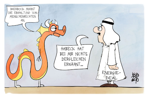 Cartoon: Deals und Menschenrechte (medium) by Kostas Koufogiorgos tagged karikatur,koufogiorgos,deal,menschenrechte,saudi,arabien,öl,gas,energie,china,drache,baerbock,habeck,karikatur,koufogiorgos,deal,menschenrechte,saudi,arabien,öl,gas,energie,china,drache,baerbock,habeck