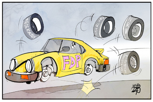 Cartoon: Debakel für die FDP (medium) by Kostas Koufogiorgos tagged koufogiorgos,karikatur,fdp,partei,porsche,landtagswahl,reifen,saarland,nrw,niedersachsen,schleswig,holstein,koufogiorgos,karikatur,fdp,partei,porsche,landtagswahl,reifen,saarland,nrw,niedersachsen,schleswig,holstein