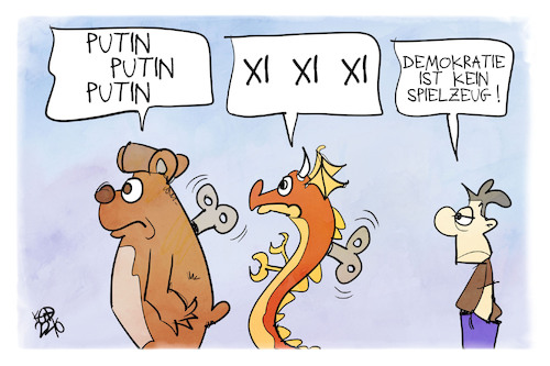 Cartoon: Demokratie (medium) by Kostas Koufogiorgos tagged karikatur,koufogiorgos,demokratie,wahl,china,xi,drache,bär,putin,karikatur,koufogiorgos,demokratie,wahl,china,xi,drache,bär,putin