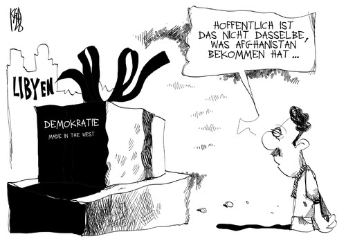 Cartoon: Demokratie für Libyen (medium) by Kostas Koufogiorgos tagged libyen,wahl,demokratie,made,westen,afghanistan,geschenk,krieg,karikatur,kostas,koufogiorgos,libyen,wahl,demokratie,made,afghanistan,krieg