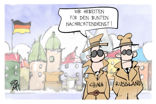 Cartoon: Der bunte Nachrichtendienst (medium) by Kostas Koufogiorgos tagged karikatur,koufogiorgos,spion,bnd,agent,china,russland,deutschland,karikatur,koufogiorgos,spion,bnd,agent,china,russland,deutschland