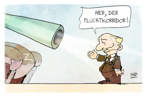 Cartoon: Der Fluchtkorridor (medium) by Kostas Koufogiorgos tagged karikatur,koufogiorgos,putin,panzer,kanonenrohr,waffe,russland,krieg,fluchtkorridor,evakuierung,karikatur,koufogiorgos,putin,panzer,kanonenrohr,waffe,russland,krieg,fluchtkorridor,evakuierung