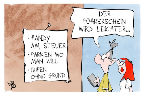 Cartoon: Der Führerscheinerwerb wird refo (medium) by Kostas Koufogiorgos tagged karikatur,koufogiorgos,führerschein,einfach,hupen,handy,stvo,regeln,karikatur,koufogiorgos,führerschein,einfach,hupen,handy,stvo,regeln