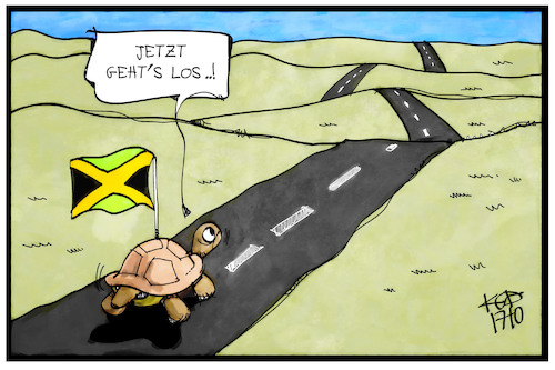 Cartoon: Der lange Weg nach Jamaika (medium) by Kostas Koufogiorgos tagged karikatur,koufogiorgos,illustration,cartoon,jamaika,schildkröte,geschwindigkeit,weg,sondierung,schwarz,gruen,gelb,partei,politik,koalition,regierungsbildung,karikatur,koufogiorgos,illustration,cartoon,jamaika,schildkröte,geschwindigkeit,weg,sondierung,schwarz,gruen,gelb,partei,politik,koalition,regierungsbildung