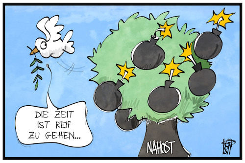 Cartoon: Der Nahost-Konflikt eskaliert (medium) by Kostas Koufogiorgos tagged karikatur,koufogiorgos,illustration,cartoon,nahost,konflikt,friedenstaube,baum,früchte,bombe,eskalation,karikatur,koufogiorgos,illustration,cartoon,nahost,konflikt,friedenstaube,baum,früchte,bombe,eskalation