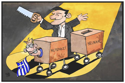 Cartoon: Der zersägte Grieche (medium) by Kostas Koufogiorgos tagged karikatur,koufogiorgos,illustration,cartoon,griechenland,neuwahl,paket,wahlurne,hilfspaket,rettungspaket,grieche,tsipras,zauberer,zersägt,politik,karikatur,koufogiorgos,illustration,cartoon,griechenland,neuwahl,paket,wahlurne,hilfspaket,rettungspaket,grieche,tsipras,zauberer,zersägt,politik